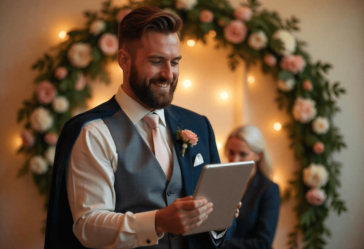 Wedding planner reviewing business valuation data on a tablet at a wedding venue