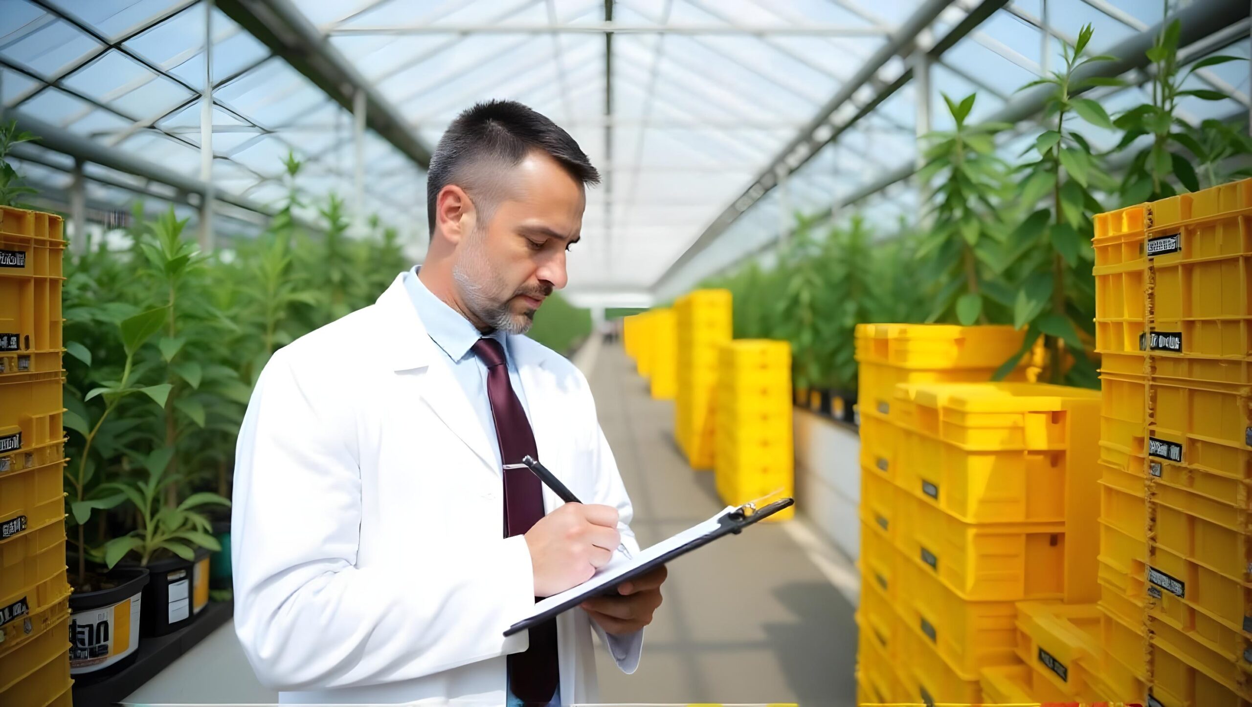 Business analyst reviewing specialty food manufacturer valuation metrics in a greenhouse facility