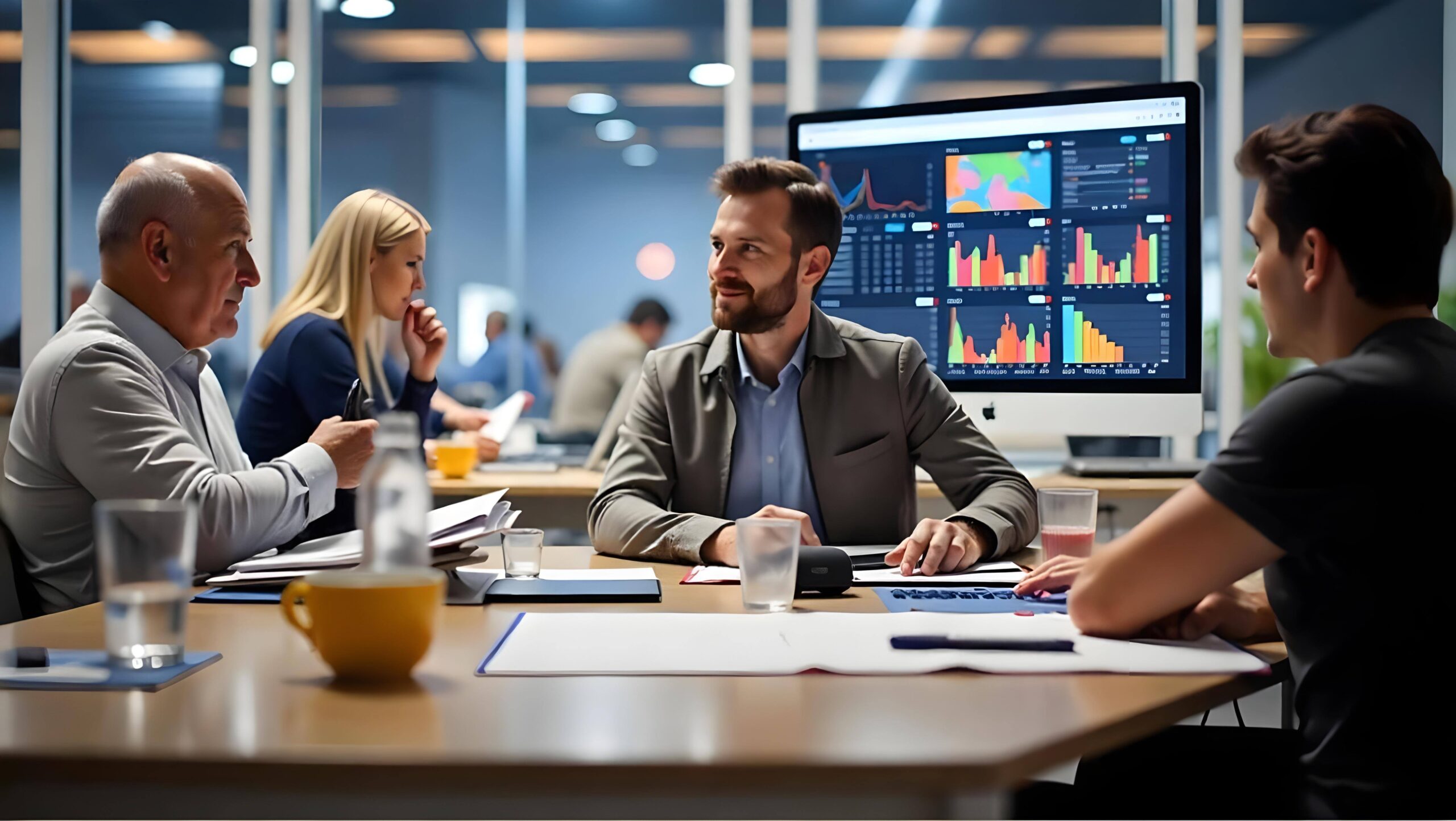 Diverse team of engineers and financial analysts discussing valuation reports with blueprints and financial charts.