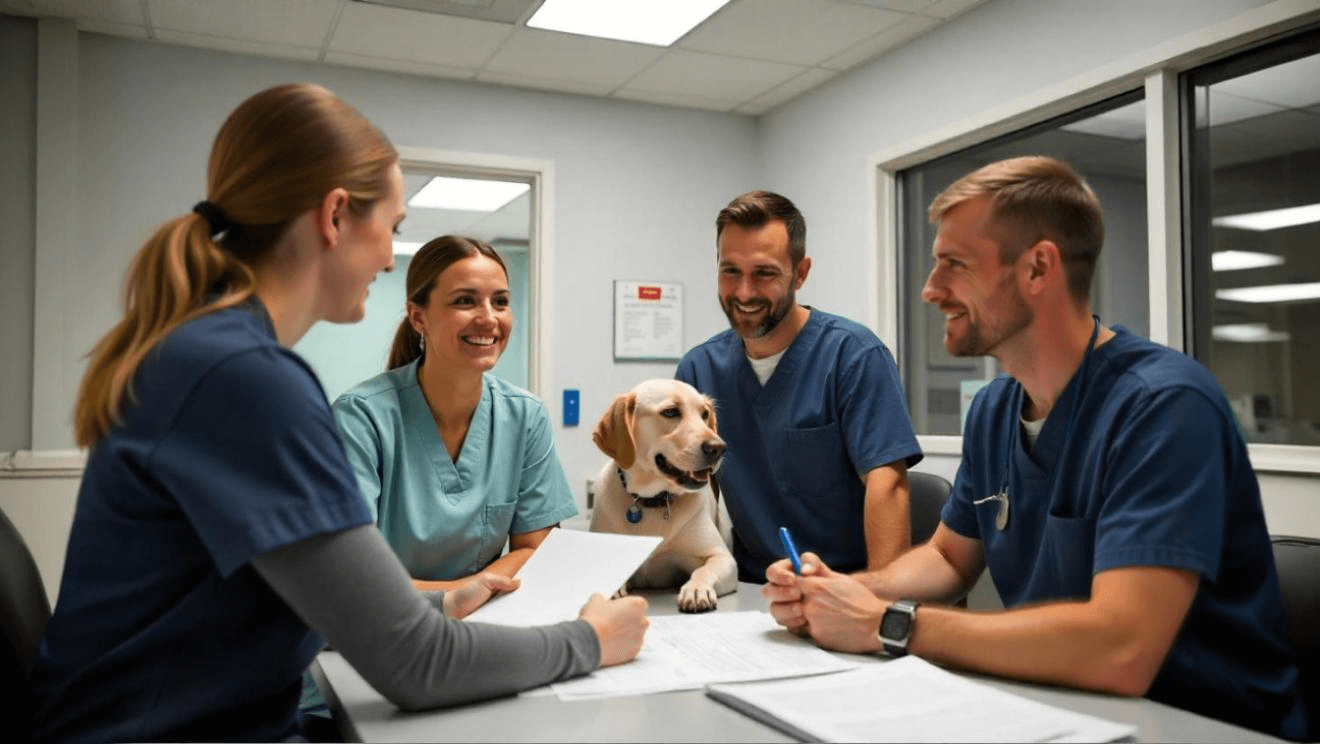 Business valuator reviewing veterinary clinic's financial data for valuation