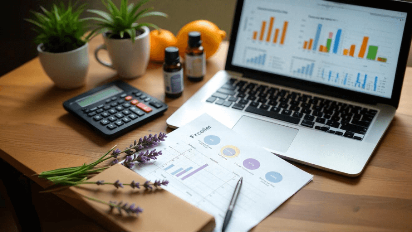 Flat lay of essential oil bottles with financial documents, laptop, and calculator showing business valuation concept
