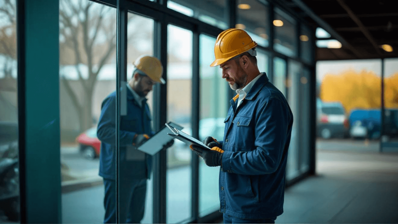 Construction professional inspecting glass panel installation at a commercial building site