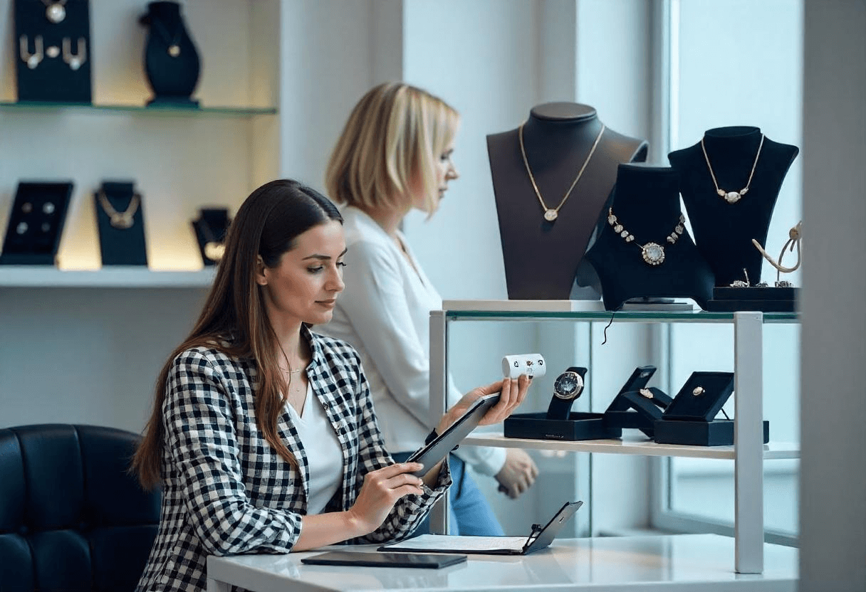 Jewelry appraiser evaluating gemstones inside a high-end jewelry store for business valuation