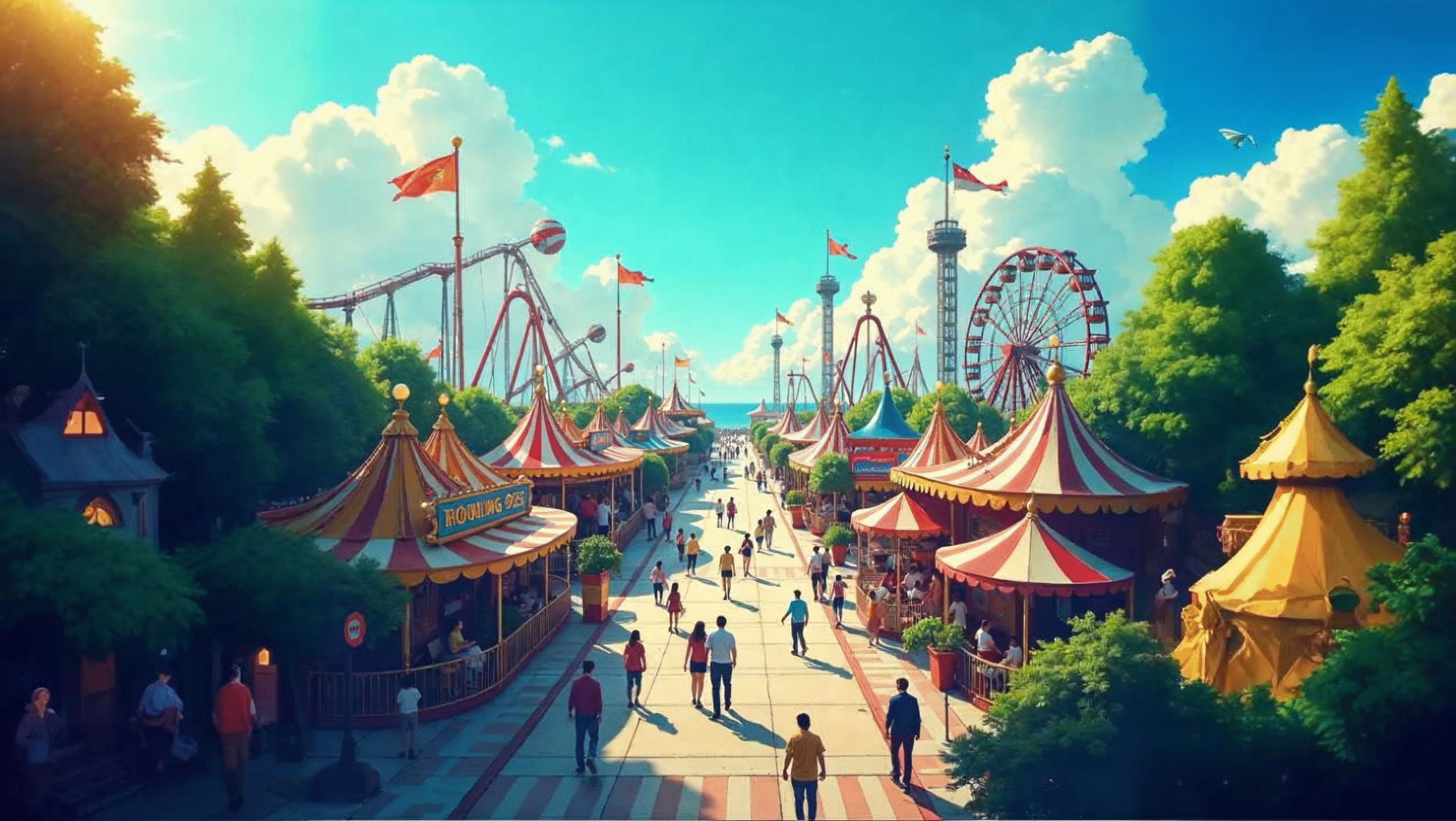 Amusement park with rides and attractions on a sunny day – ideal for valuation insights.