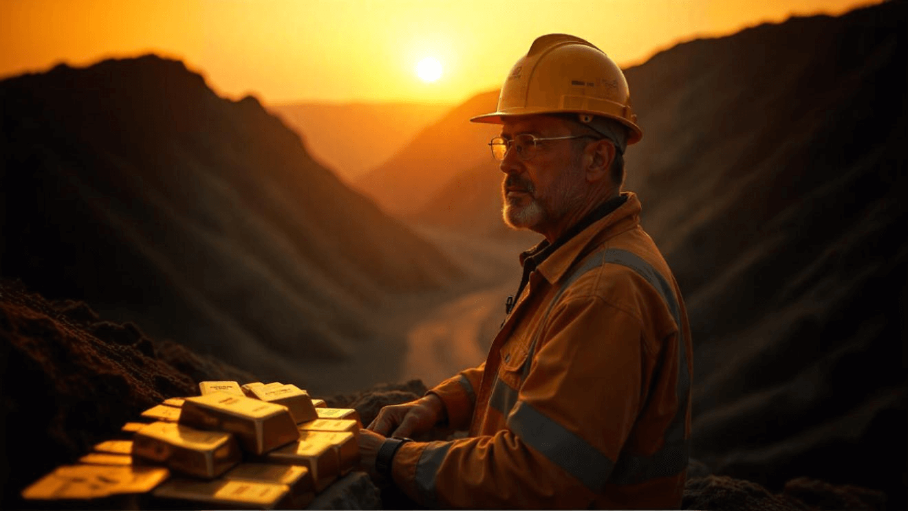 Gold miner standing beside gold bars at a mine during sunset, symbolizing gold mining valuation and investment analysis