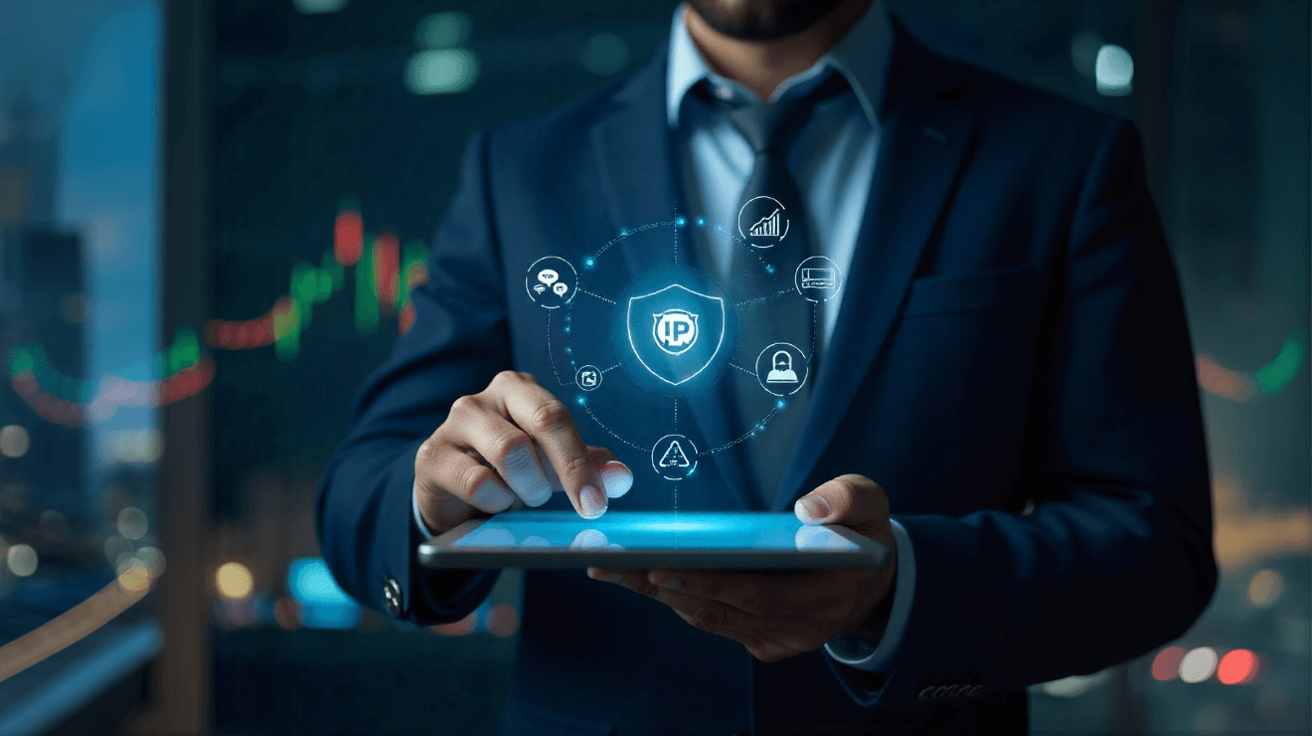 Business professional analyzing intellectual property assets with holographic icons for patents, trademarks, copyrights, and trade secrets over a digital tablet.