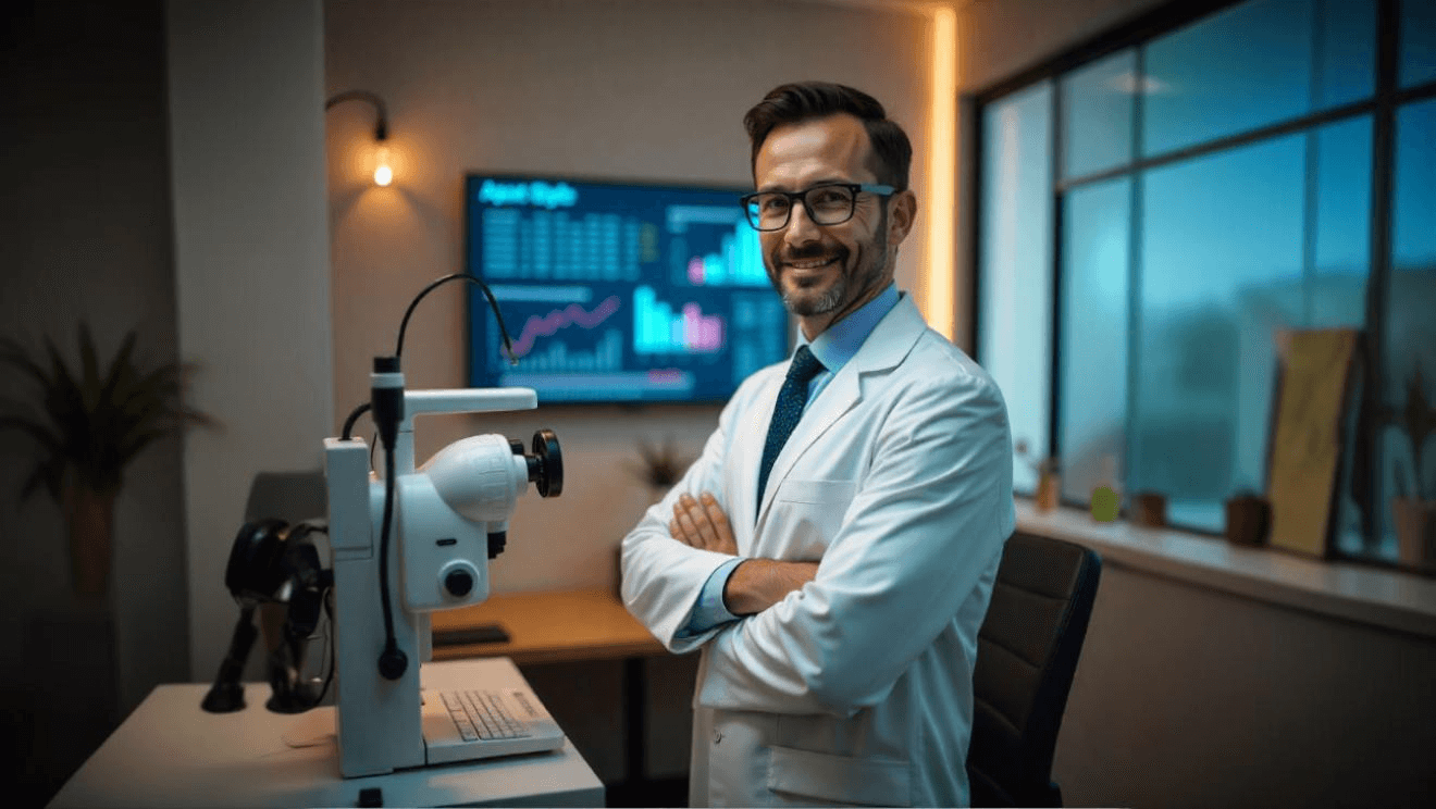 Optometrist in clinic with diagnostic equipment and valuation charts in background representing optometry practice valuation